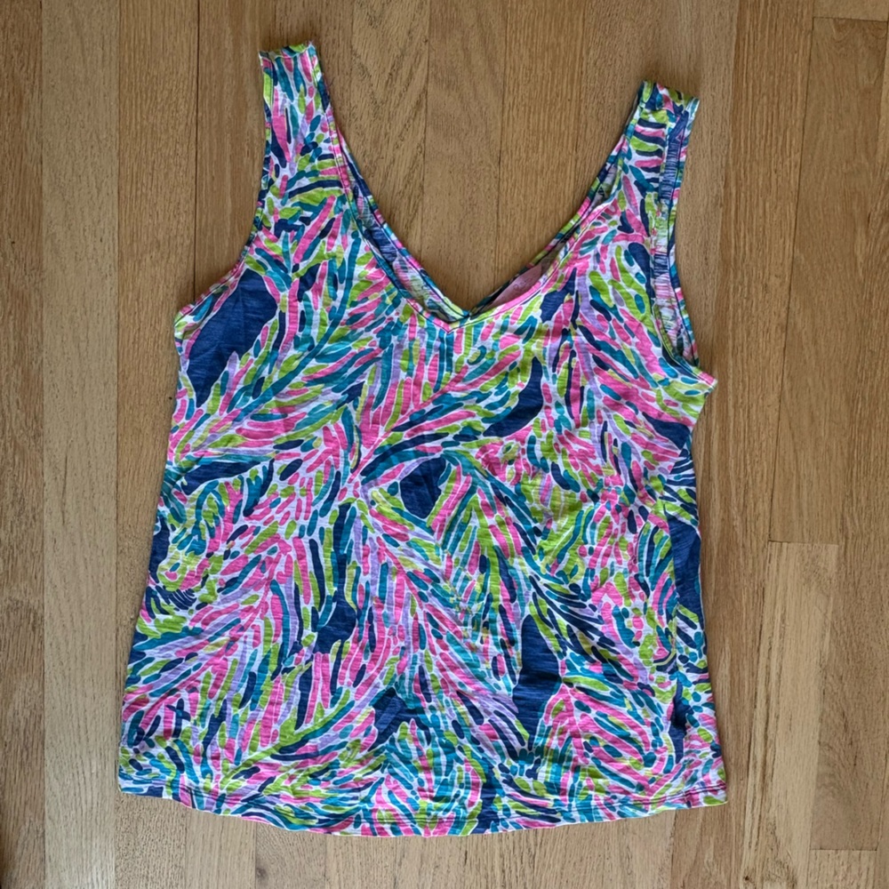 Lilly Pulitzer Pink Navy Green Abstract V-Neck Tank Top